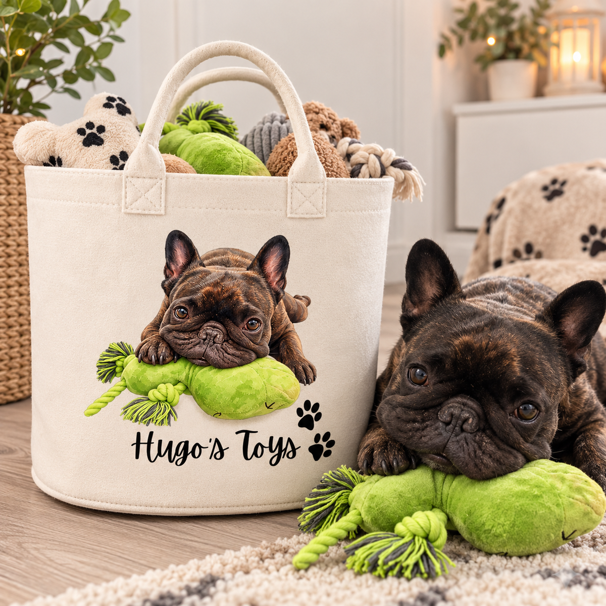 A cream canvas pet toy basket bag with a custom photo of a French bulldog and the text 'Hugo's Toys' on the front, filled with plush toys. A matching French bulldog is lying on a rug next to the bag, chewing a green rope toy.