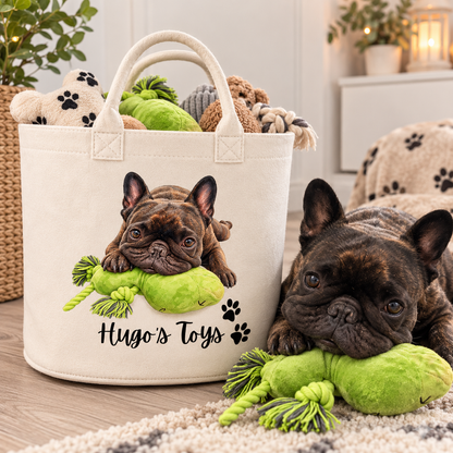 A cream canvas pet toy basket bag with a custom photo of a French bulldog and the text 'Hugo's Toys' on the front, filled with plush toys. A matching French bulldog is lying on a rug next to the bag, chewing a green rope toy.