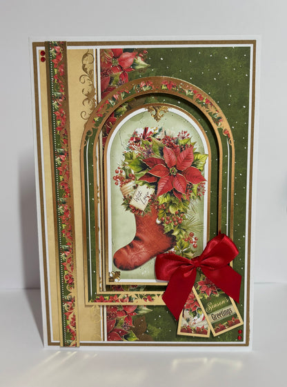 Handmade Christmas Greeting Card – Stocking & Poinsettia Design