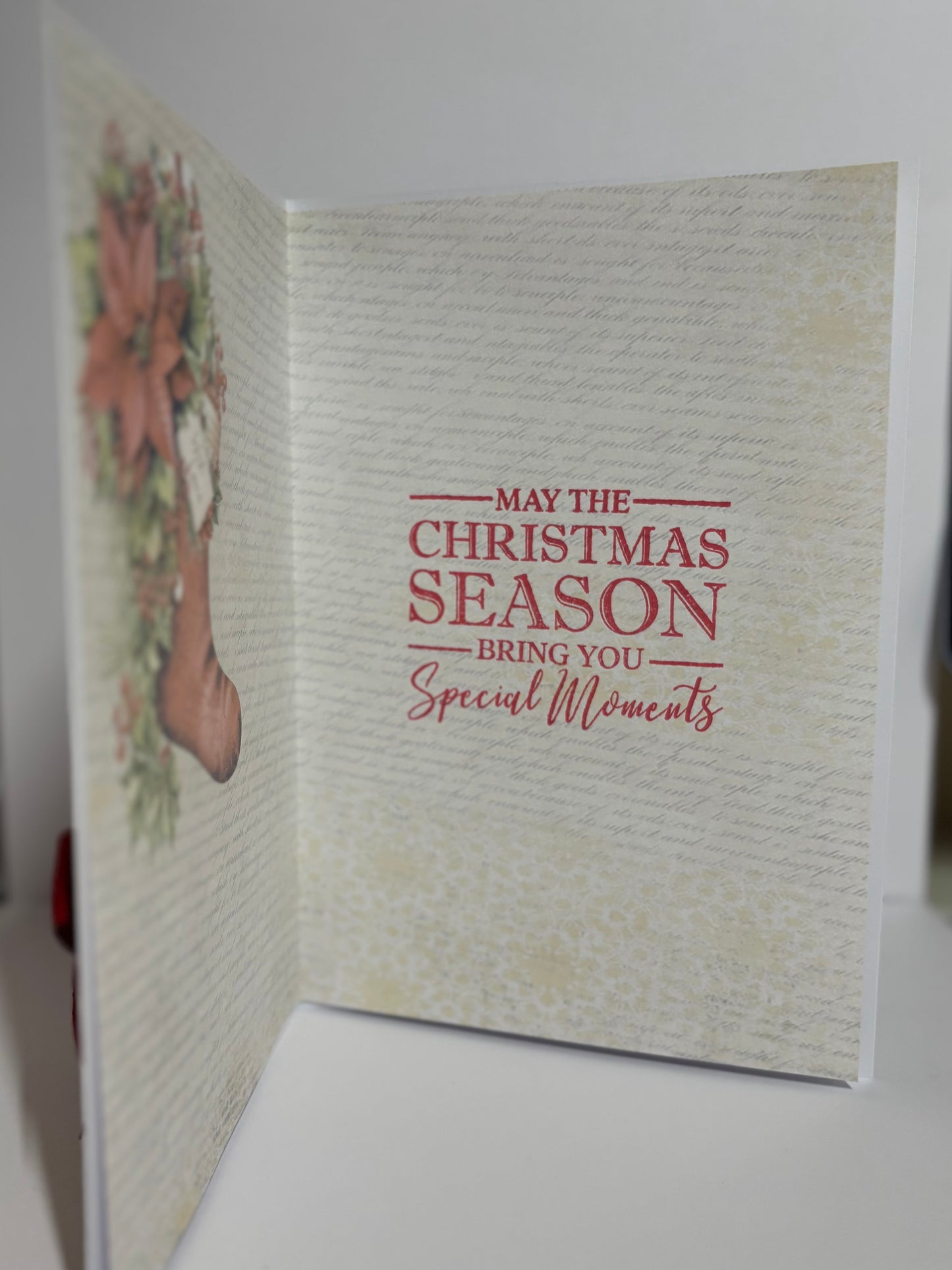 Handmade Christmas Greeting Card – Stocking & Poinsettia Design