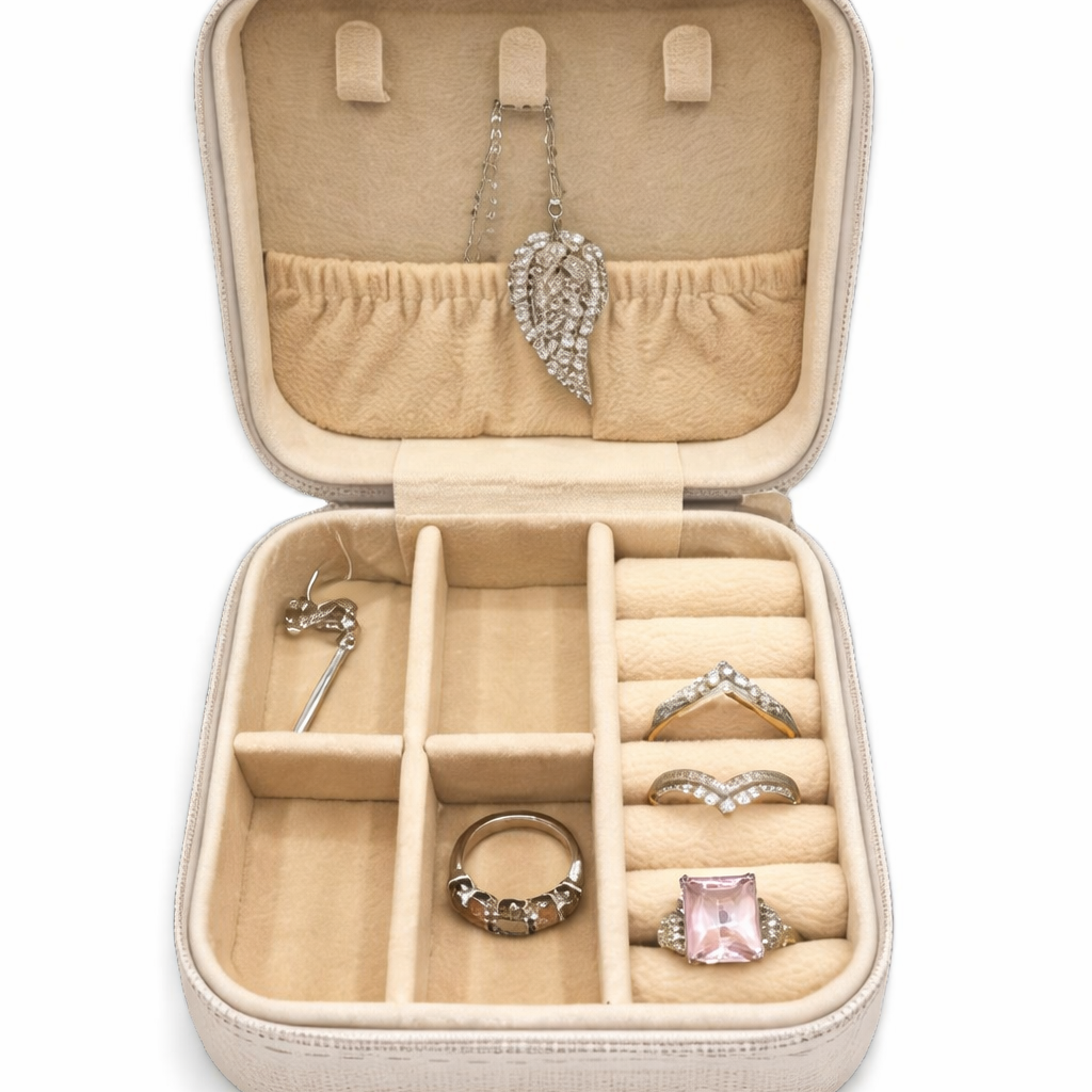 Beige jewelry box with compartments containing jewelry on a white background