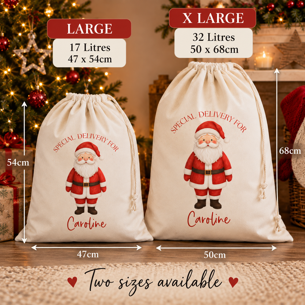 Two personalized Christmas delivery drawstring bags shown side by side with size labels and dimensions. The smaller bag is labeled LARGE (17 litres, 47 x 54 cm) and the larger bag is labeled X LARGE (32 litres, 50 x 68 cm).
