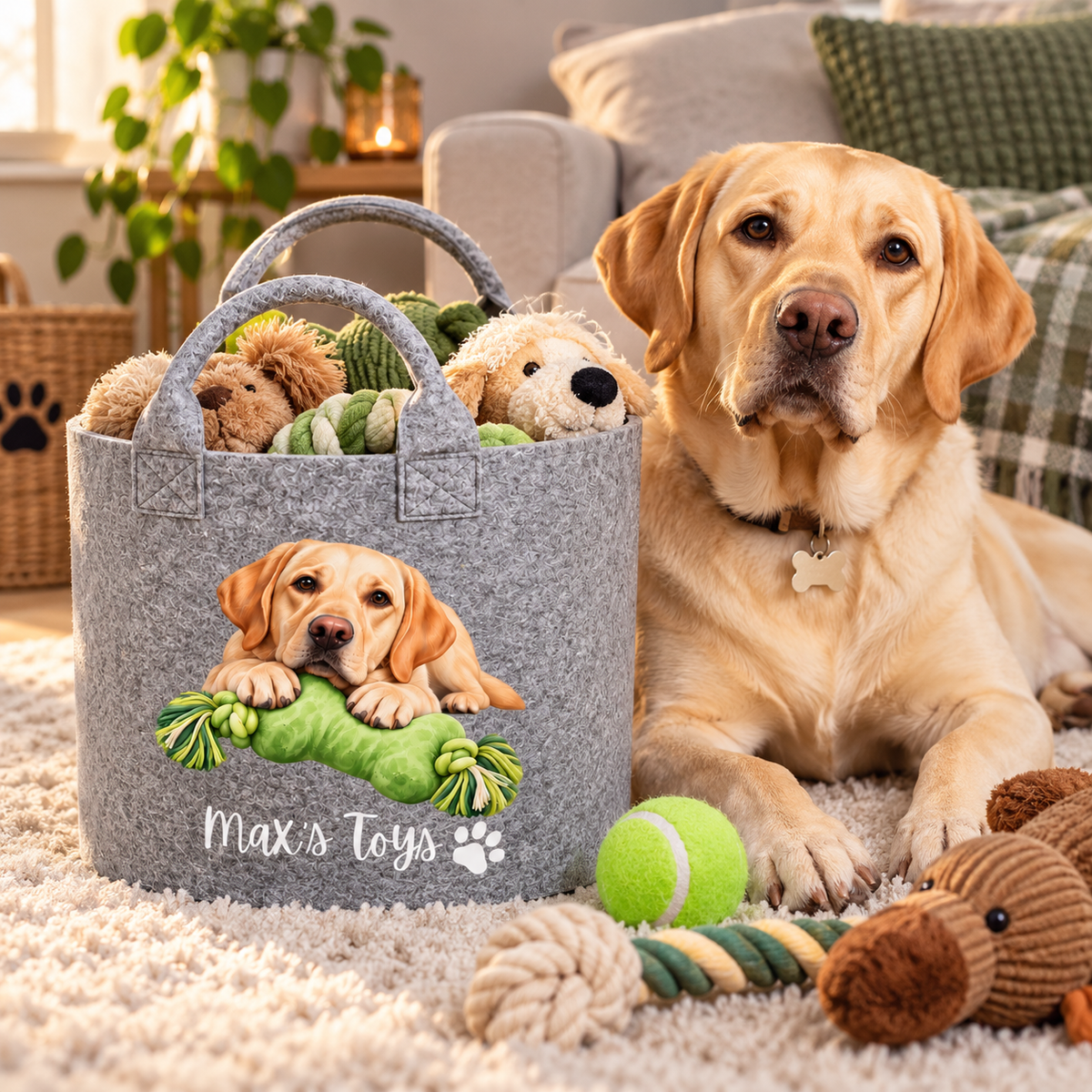 A golden retriever dog sits on a white shag rug next to a gray felt pet toy basket filled with plush toys and a tennis ball. The basket is personalized with a photo of the dog and the text 'Max's Toys'.