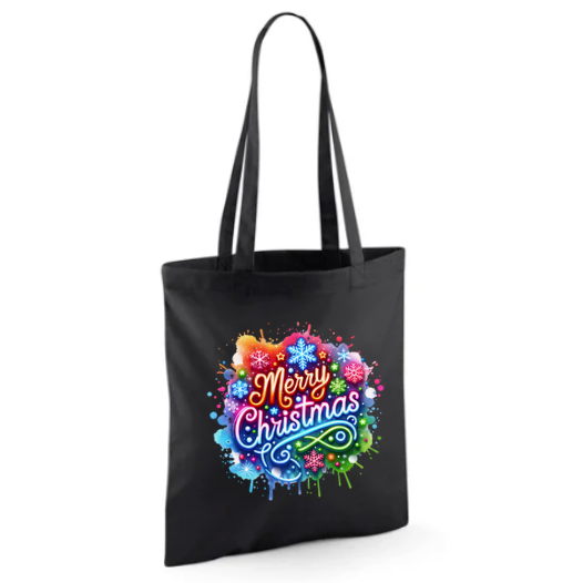Black tote bag with Neon Merry Christmas image on a white background