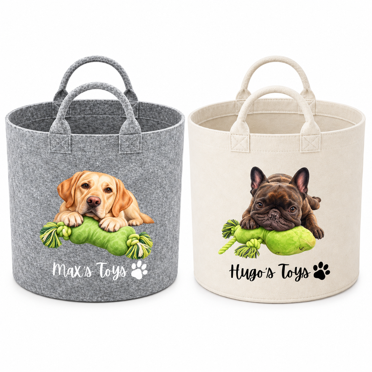 Two fabric pet toy bins shown side by side on a white background. The left bin is heather gray with a printed golden retriever holding a green rope toy and the text 'Max's Toys' with a paw print.