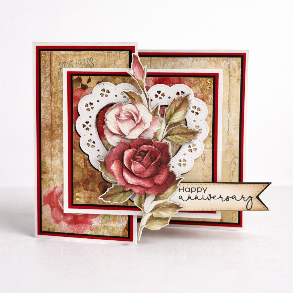 Greeting card with roses and 'Happy Anniversary' text on a textured background