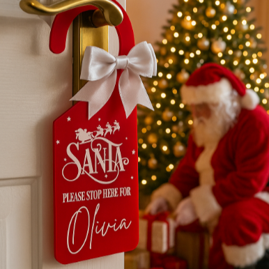 Red 'Santa Please Stop Here' sign with a white bow on a door, Santa Claus in the background.