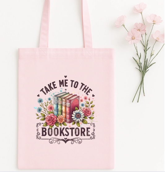 Take Me to the Bookstore Tote Bag – Pink Reusable Book Lover Shopping Bag