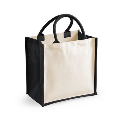 Beige tote bag with black handles and trim on a white background