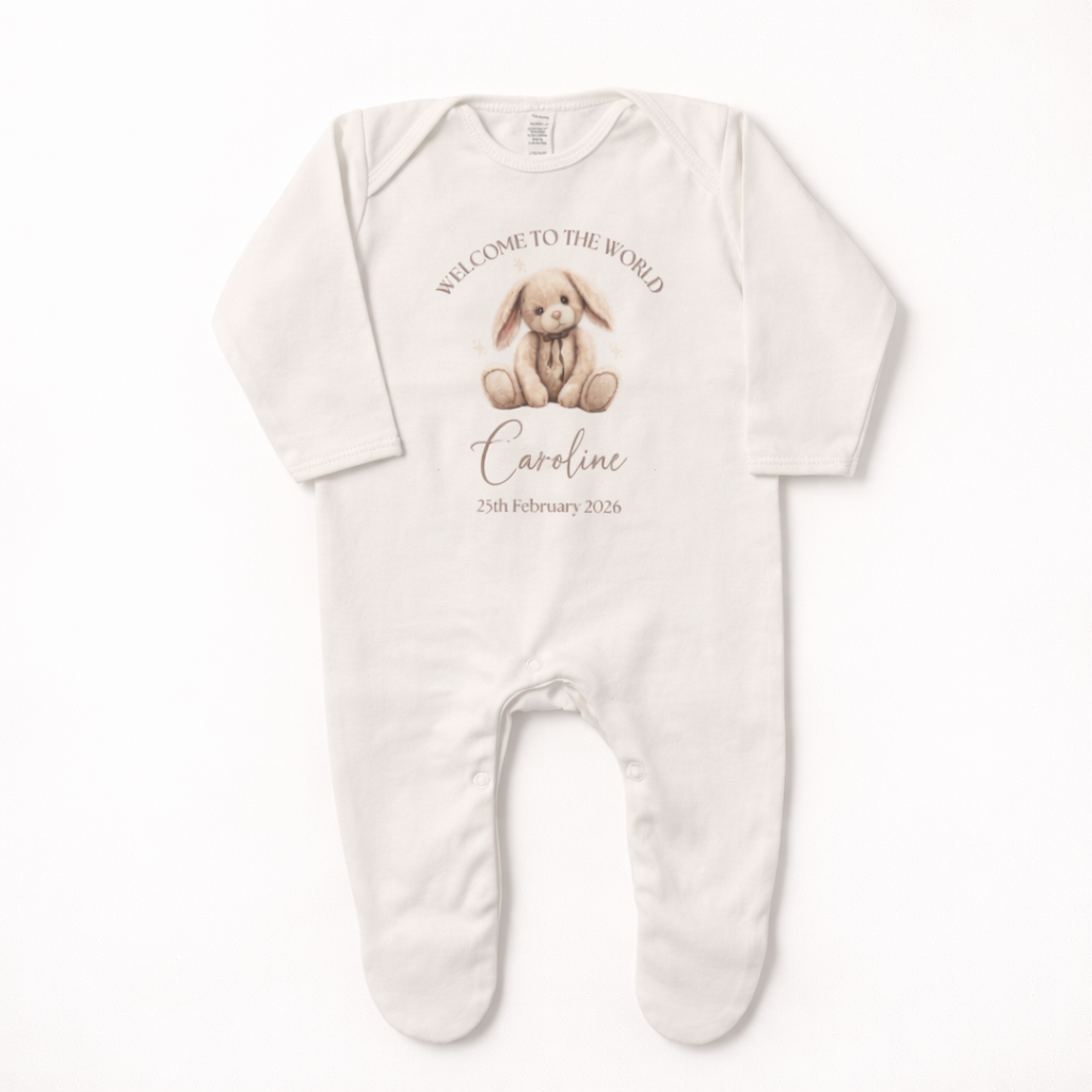 Personalised Baby Gift Set – Bunny Baby Grow, Bib, Baby Sleeping Door Hanger & Keepsake Gift Box