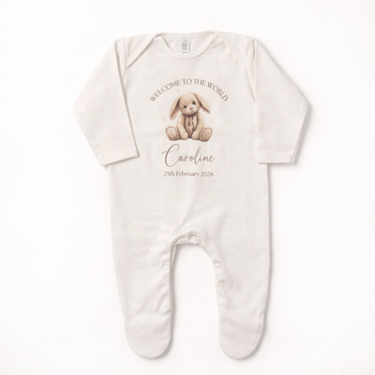 Personalised Baby Gift Set – Bunny Baby Grow, Bib, Baby Sleeping Door Hanger & Keepsake Gift Box