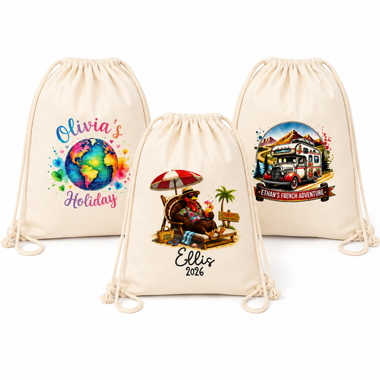 Three cream-colored drawstring backpacks shown on a white background, each with a different colorful printed design. The designs include a watercolor globe with the text 'Olivia's Holiday', a beach scene with the text 'Ellis 2026', and a retro camper van travel scene with the text 'Ellen's French Adventure'.