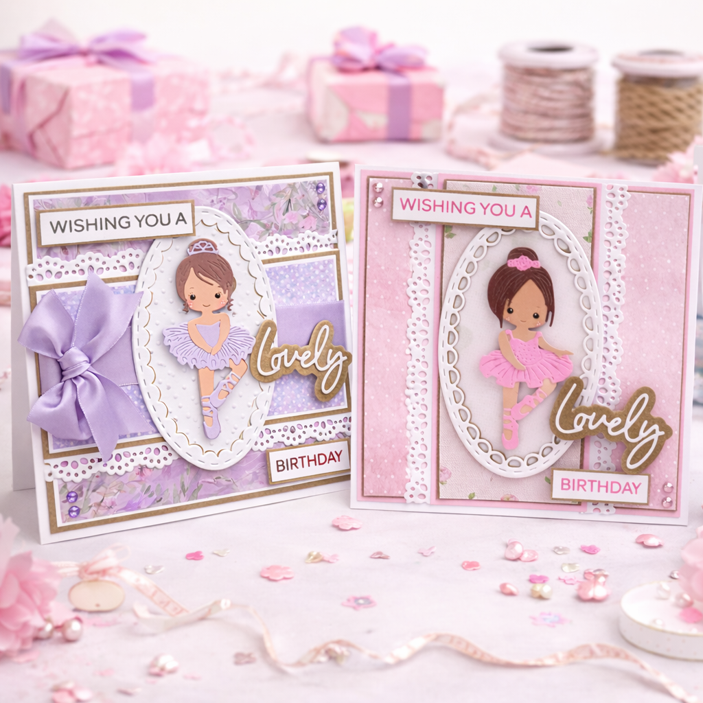 Two birthday cards with ballerina designs on a decorative surface with ribbons and gifts.