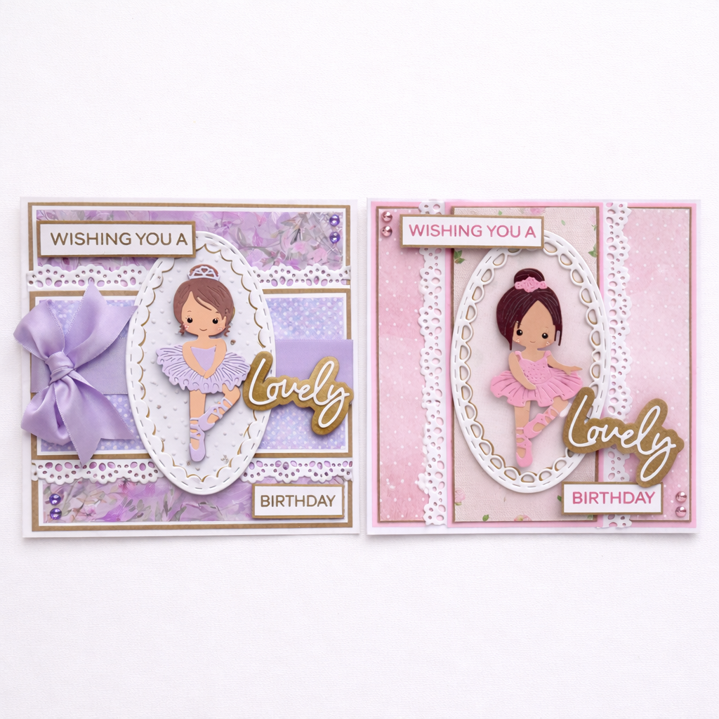 Two birthday cards with ballerina designs on a white background