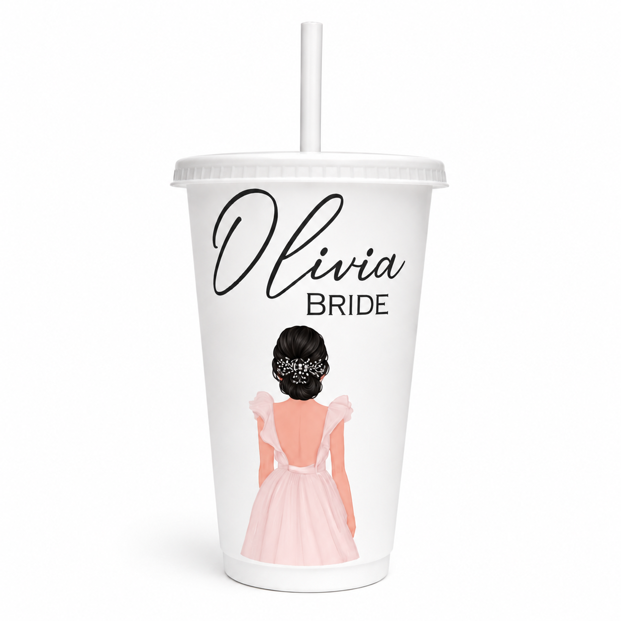 White tumbler with 'Olivia Bride' text and a graphic of a woman in a pink dress on a white background