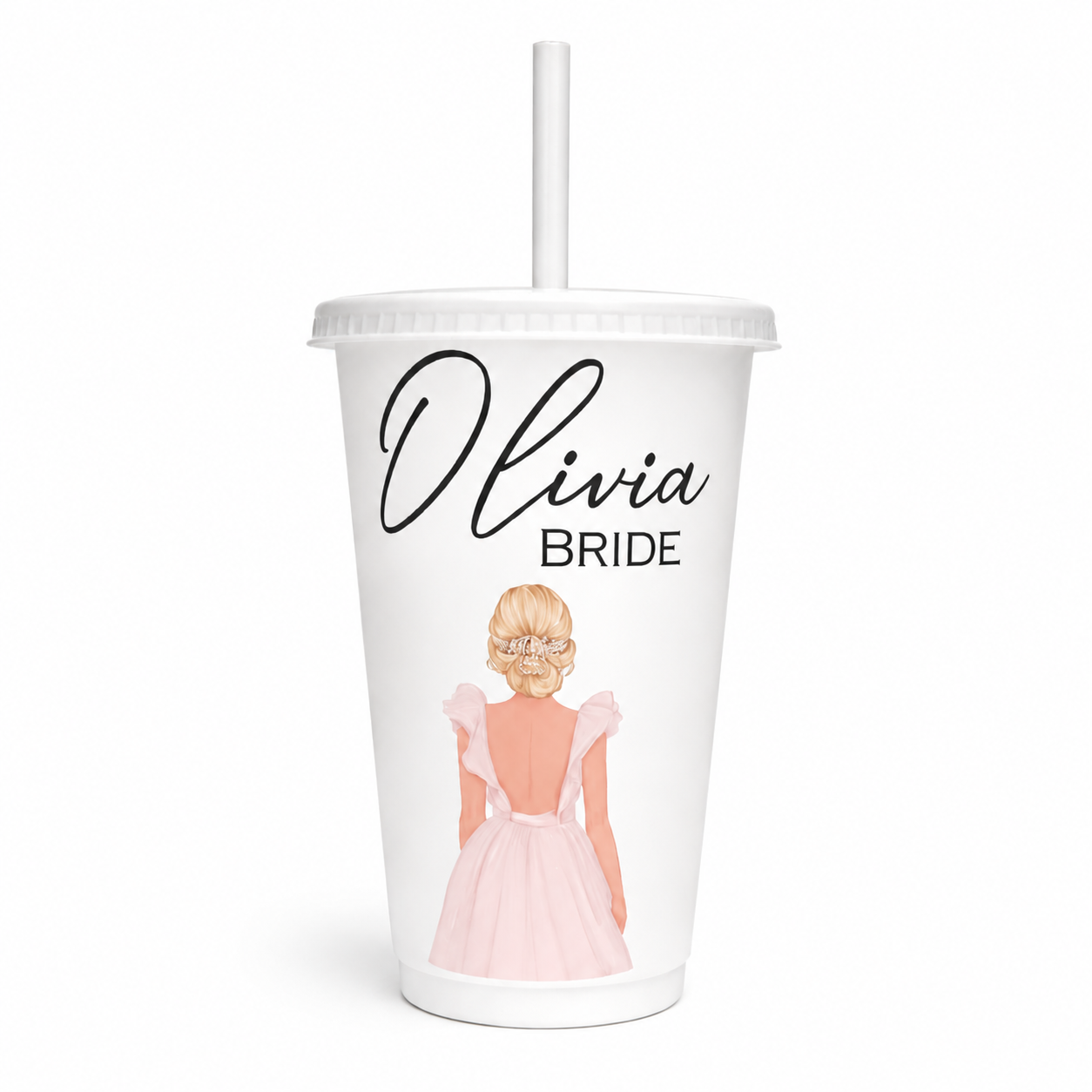 Tumbler with 'Olivia Bride' text and a graphic of a woman in a pink dress on a white background