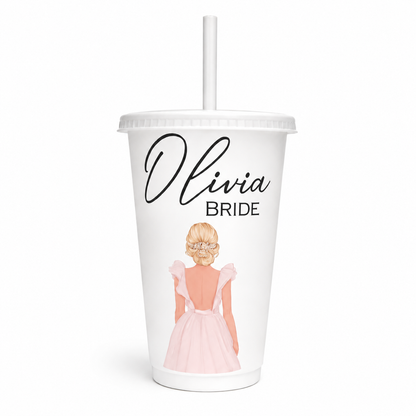 Tumbler with 'Olivia Bride' text and a graphic of a woman in a pink dress on a white background