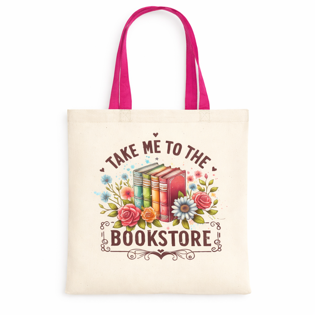 Tote bag with 'Take me to the bookstore' text and book illustrations on a white background