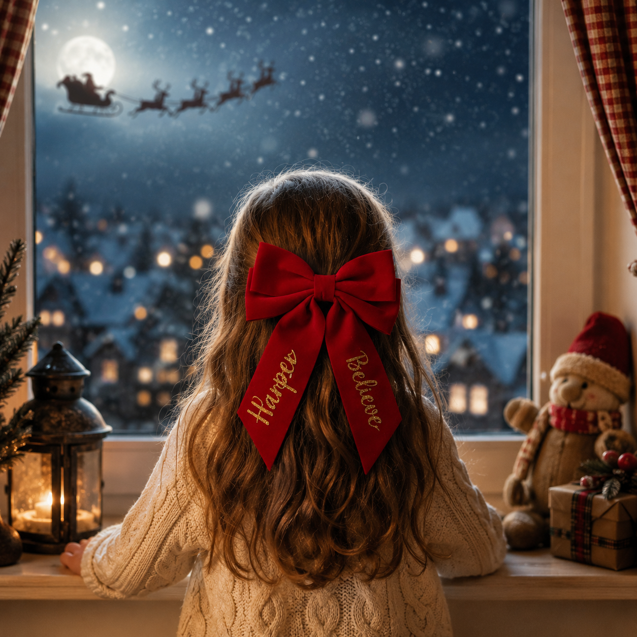 Child with a large red bow in hair looking out a window at Santa Claus flying over a snowy village.