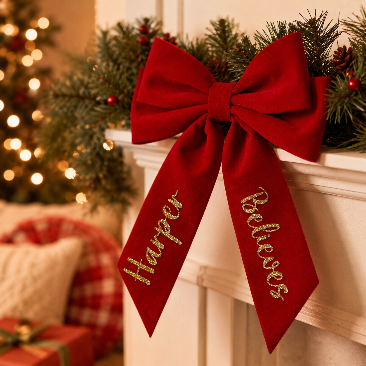 Red bow with embroidered text on a fireplace mantel with Christmas decorations in the background.