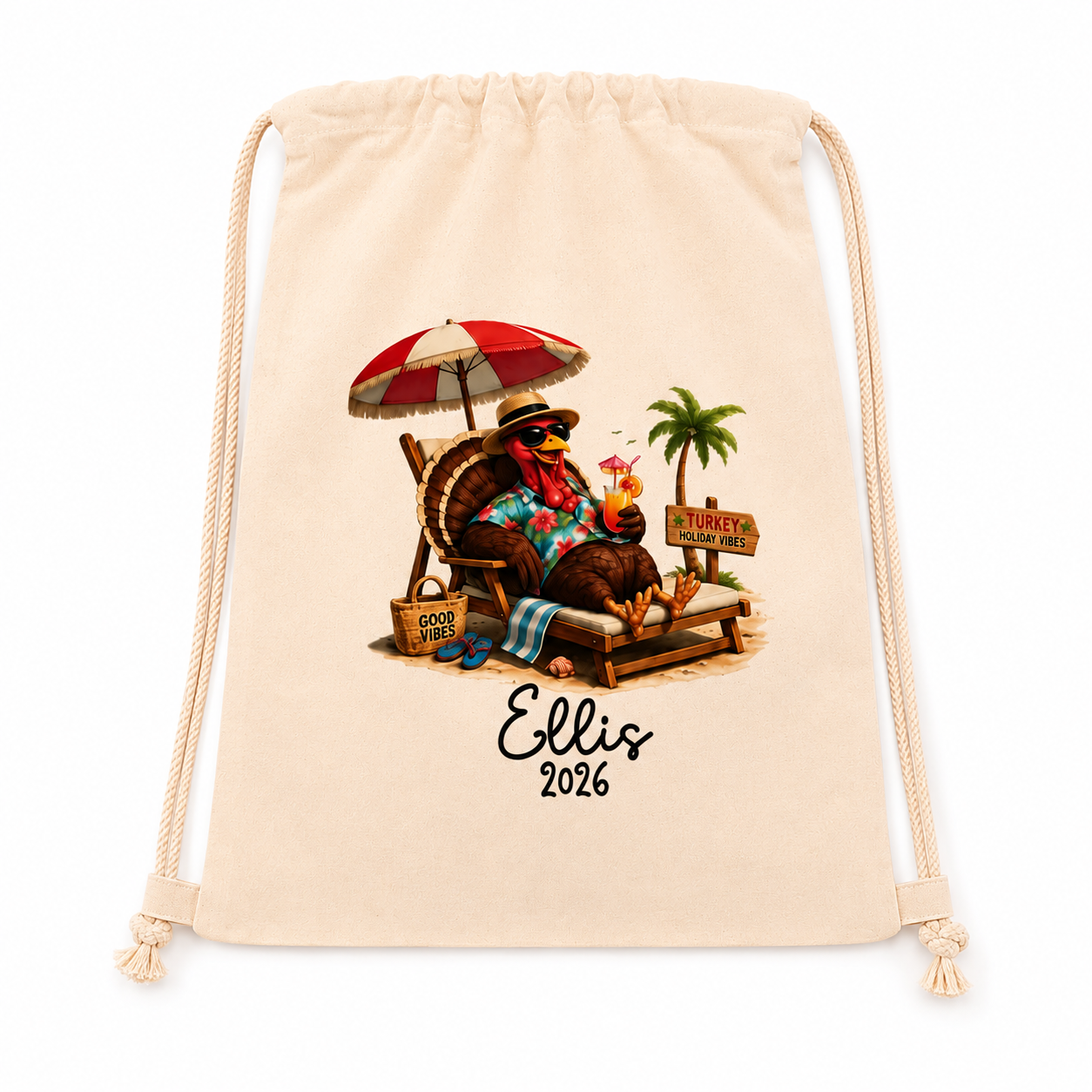 A beige drawstring backpack featuring a colorful graphic of a turkey relaxing in a beach chair under a red-and-white umbrella, with the text 'Ellis 2026' printed below.