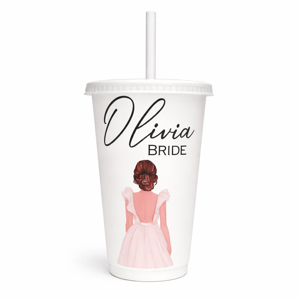 White tumbler with 'Olivia Bride' text and a bride illustration on a white background