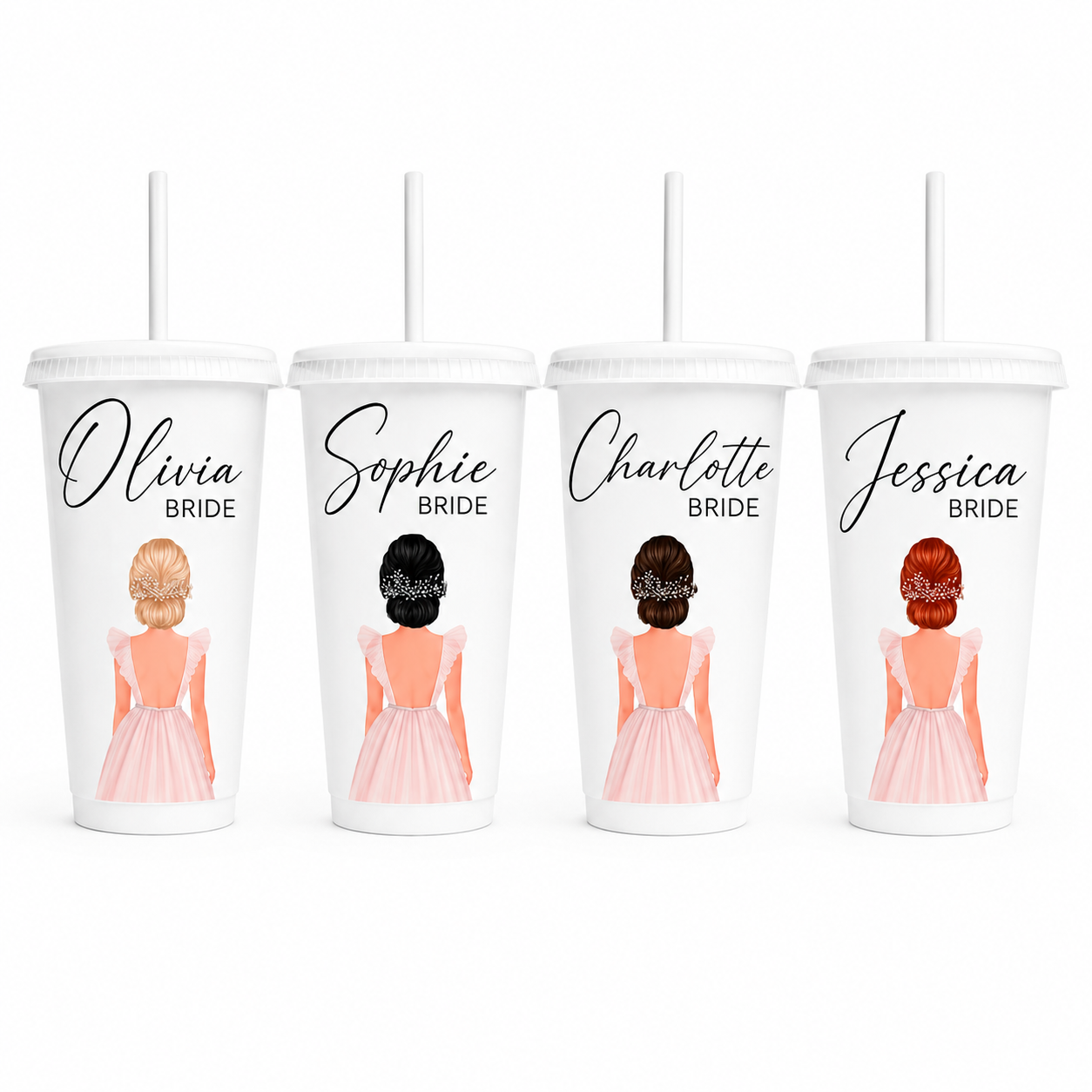 Four white tumblers with illustrations of brides and names on a white background