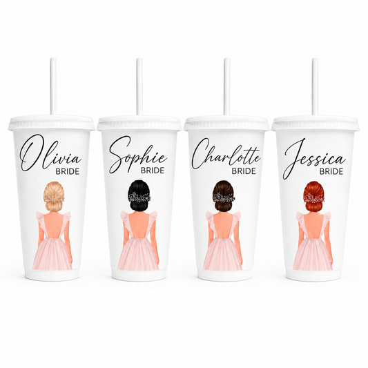Four white tumblers with illustrations of brides and names on a white background