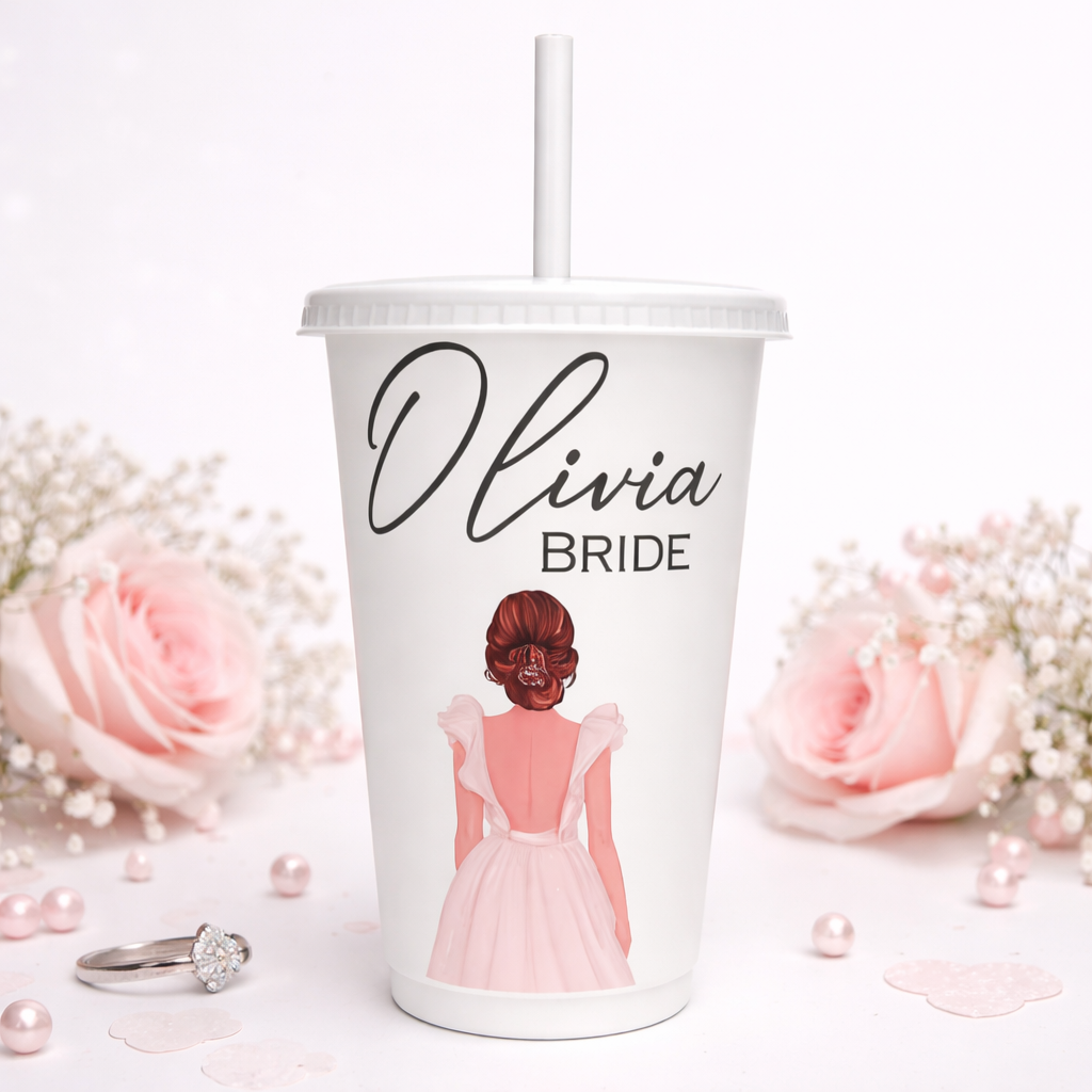 Personalized tumbler with 'Olivia Bride' design on a white background with pink roses and pearls.