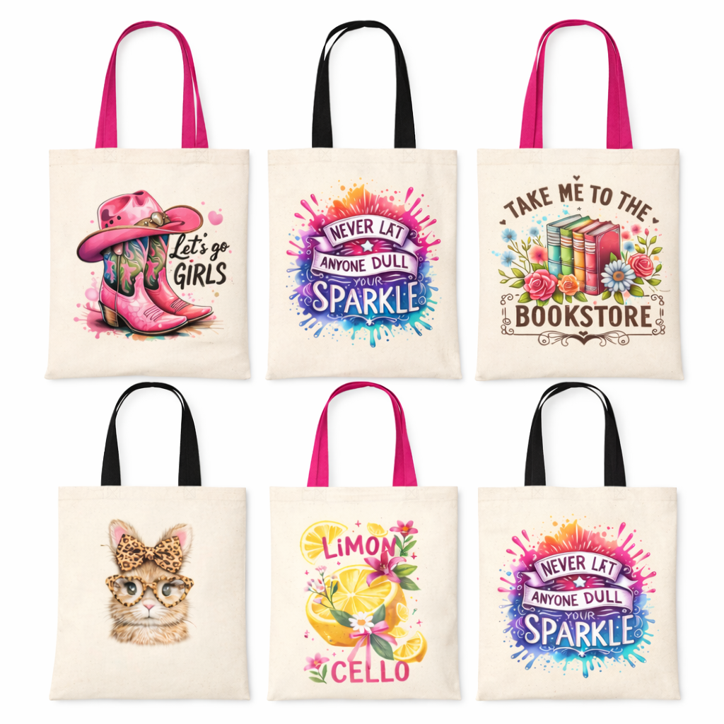 Set of six tote bags with various designs and text on a white background