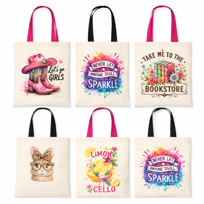 Set of six tote bags with various designs and text on a white background