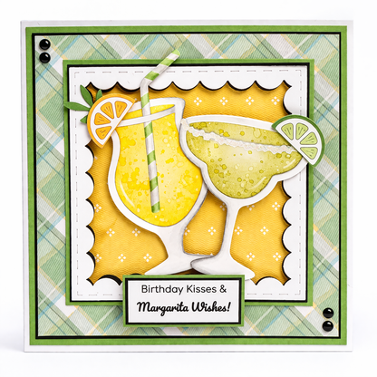 Greeting card with lemonade and margarita design on a plaid background