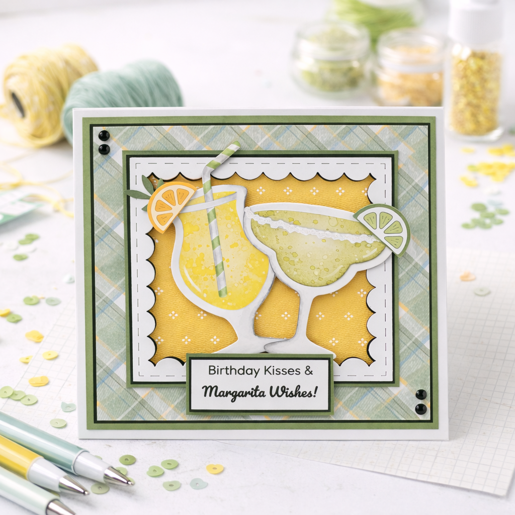 Greeting card with lemon and margarita design on a white background
