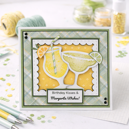 Greeting card with lemon and margarita design on a white background
