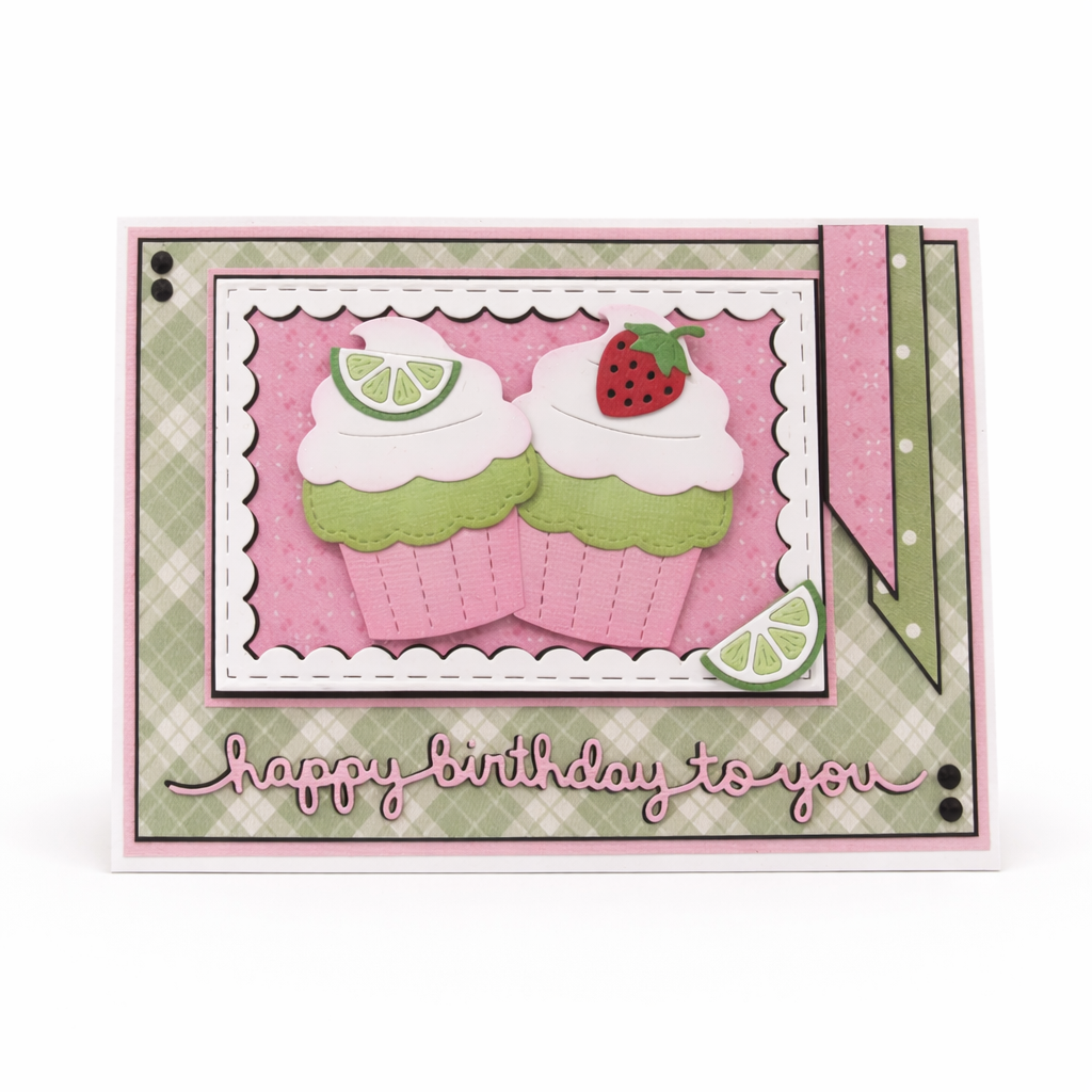 Birthday card with cupcake design, strawberry, and lime on a checkered background