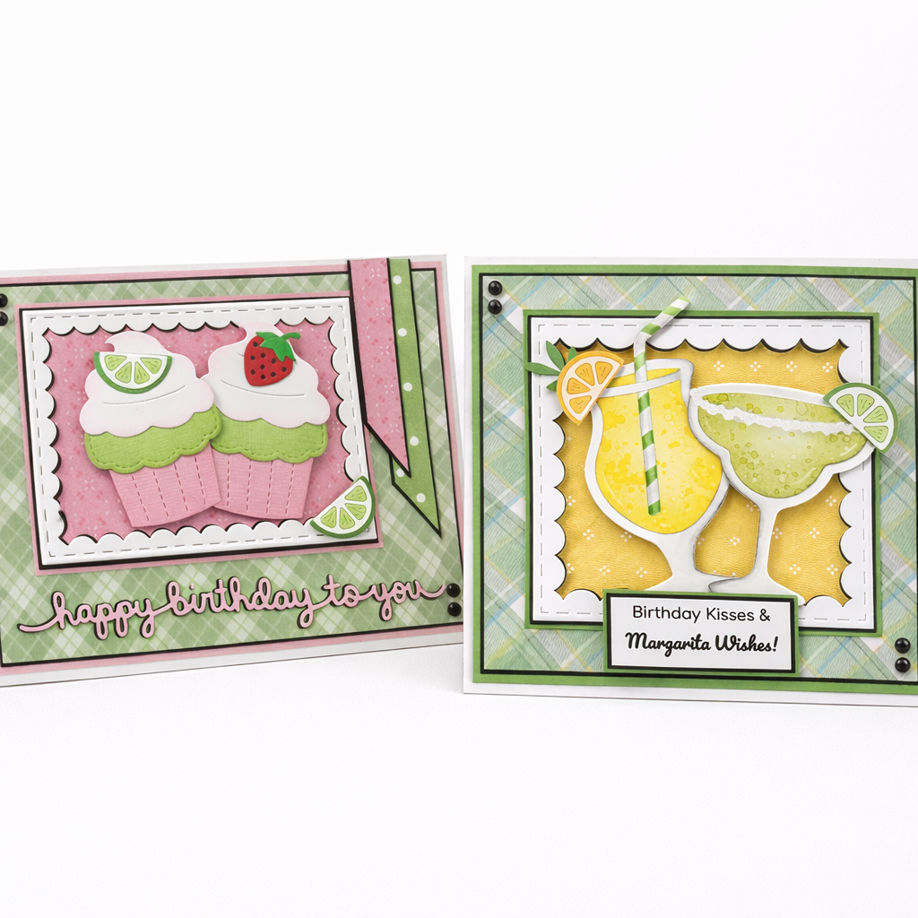 Two colorful greeting cards with birthday-themed designs on a white background