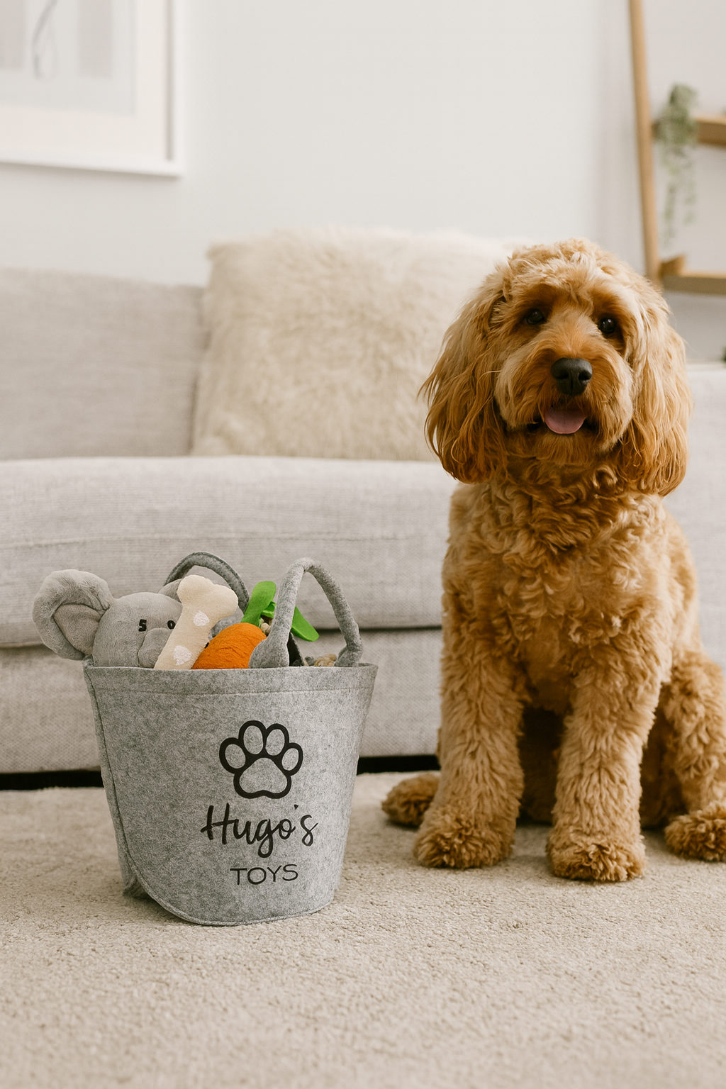 Dog in living room next to personalised dog toy storage bag