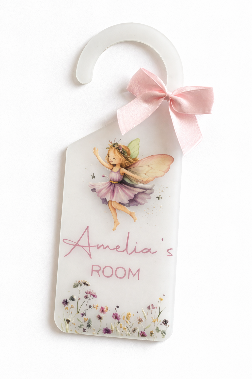 Decorative door hanger with fairy design and 'Amelia's Room' text on a white background