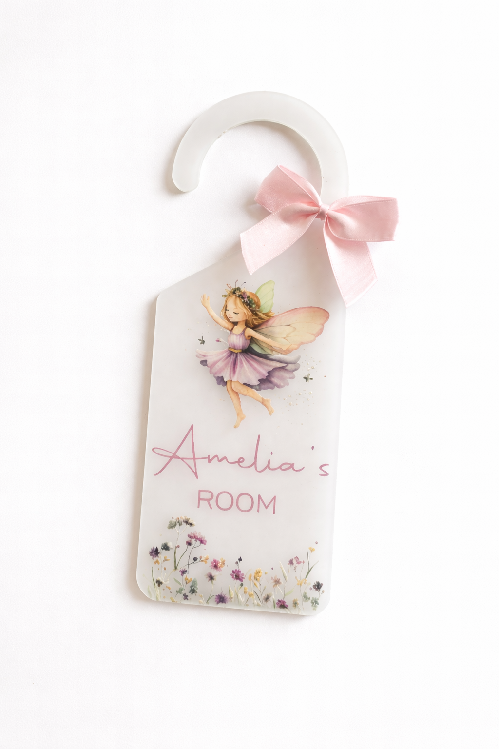 Personalized door hanger with fairy design and 'Amelia's Room' text on a white background