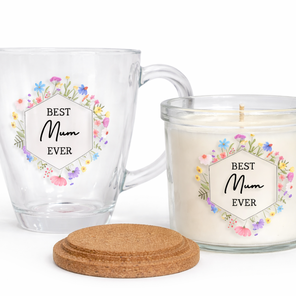 Glass mug and candle set with 'Best Mum Ever' text and floral design on a white background
