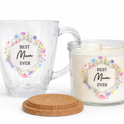 Glass mug and candle set with 'Best Mum Ever' text and floral design on a white background