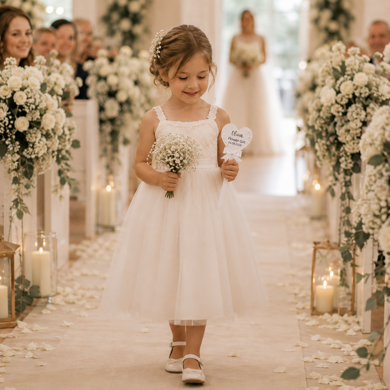 A young girl in a white sleeveless tulle dress walks down a candlelit wedding aisle holding a bouquet of baby's breath and a personalized sign, with flowers and guests visible in the background.