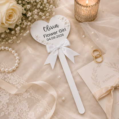A personalized white heart-shaped flower girl wand with a white satin bow, printed with the name 'Olivia', 'Flower Girl', and the date '04.09.