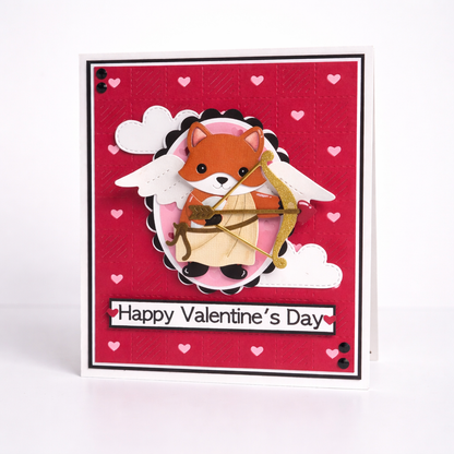 Valentine's Day card with a fox character holding a bow and arrow on a red background with hearts.