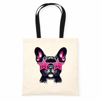 Tote bag with a dog wearing pink sunglasses design on a white background