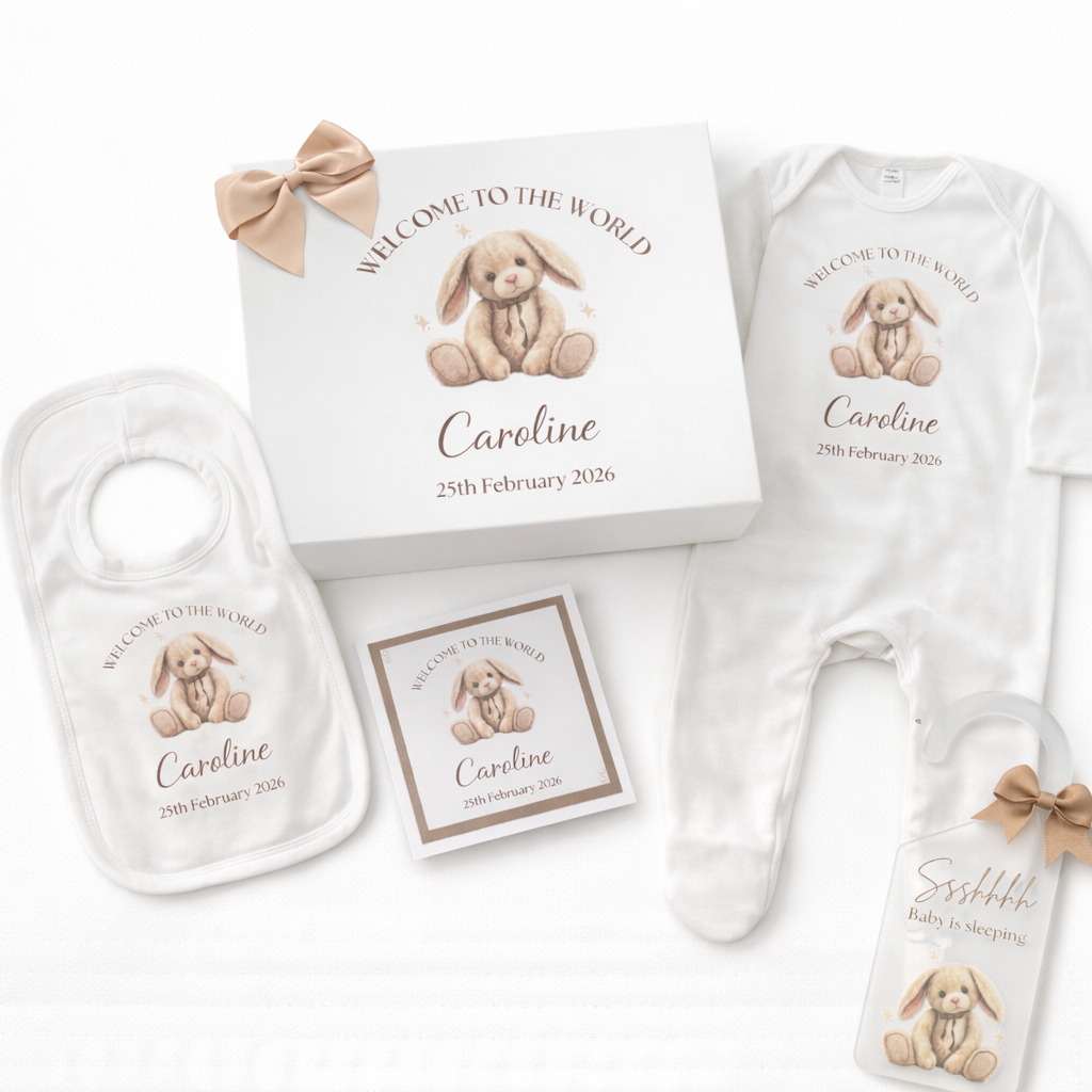 Personalised Baby Gift Set – Bunny Baby Grow, Bib, Baby Sleeping Door Hanger & Keepsake Gift Box