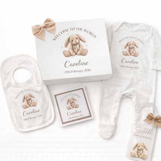 Personalised Baby Gift Set – Bunny Baby Grow, Bib, Baby Sleeping Door Hanger & Keepsake Gift Box