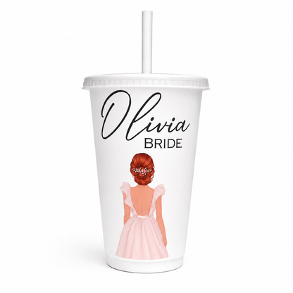 Personalized tumbler with a bride illustration and 'Olivia Bride' text on a white background