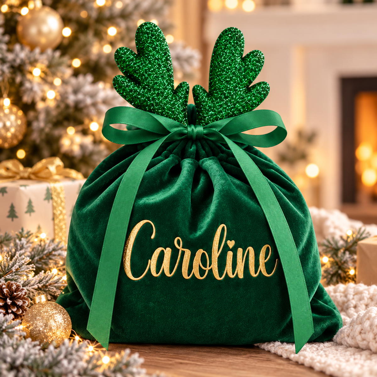 A personalized Christmas gift bag in dark green velvet with glittery green reindeer antlers on top, tied with a green ribbon and embroidered with the name 'Caroline' in gold. The bag is styled on a wooden surface with a blurred Christmas tree, wrapped gift, and fireplace in the background.