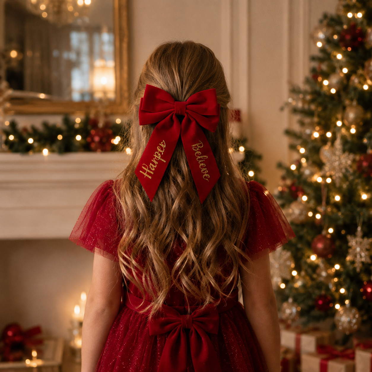 Person wearing a red dress with a large red bow in a festive room with Christmas decorations.